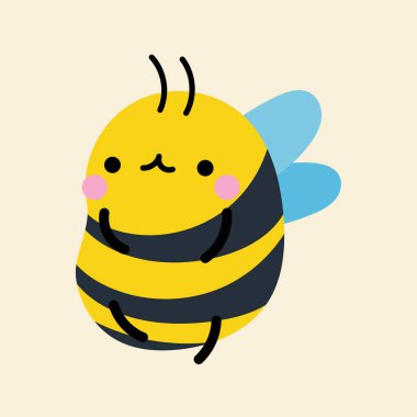 Çizgi filmdeki şirin kawaii arısı, düz, karalama, basit tarz. Posterler, kartpostallar, tebrik kartları, duvar kağıtları, çocuk giysileri, kumaşlar, tişörtler, logolar için tasarım ögesi