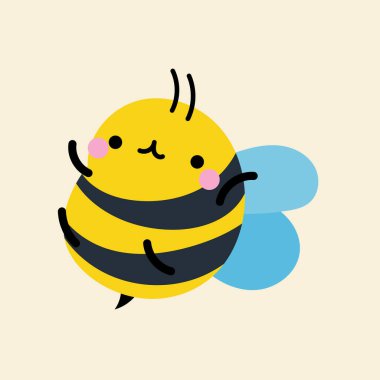 Çizgi filmdeki şirin kawaii arısı, düz, karalama, basit tarz. Posterler, kartpostallar, tebrik kartları, duvar kağıtları, çocuk giysileri, kumaşlar, tişörtler, logolar için tasarım ögesi