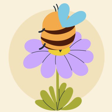 Şirin kawaii arısı ve çiçekler çizgi filmde, düz, karalama, basit tarz. Posterler, kartpostallar, tebrik kartları, duvar kağıtları, çocuk giysileri, kumaşlar, tişörtler, logolar için tasarım ögesi