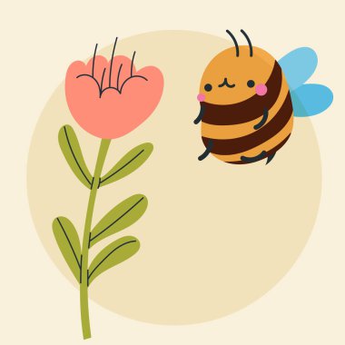 Şirin kawaii arısı ve çiçekler çizgi filmde, düz, karalama, basit tarz. Posterler, kartpostallar, tebrik kartları, duvar kağıtları, çocuk giysileri, kumaşlar, tişörtler, logolar için tasarım ögesi