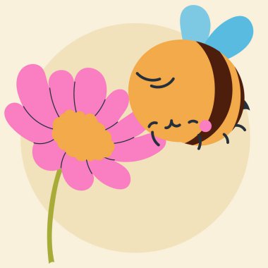 Şirin kawaii arısı ve çiçekler çizgi filmde, düz, karalama, basit tarz. Posterler, kartpostallar, tebrik kartları, duvar kağıtları, çocuk giysileri, kumaşlar, tişörtler, logolar için tasarım ögesi