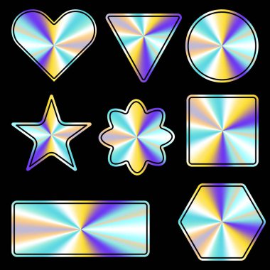 Holographic sticker set in a trendy retro y2k style. Vector Graphic with textured foil effect. 