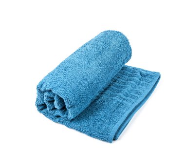 Rolled Blue Towel Isolated. New Terry Cotton Towel, Soft Washcloth on White Background