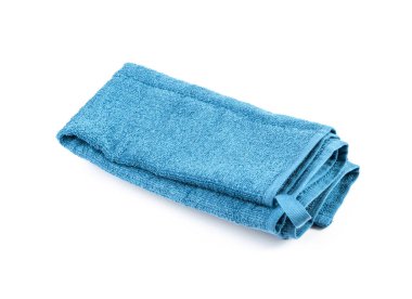 Folded Blue Towel Isolated. New Terry Cotton Towel, Soft Washcloth on White Background