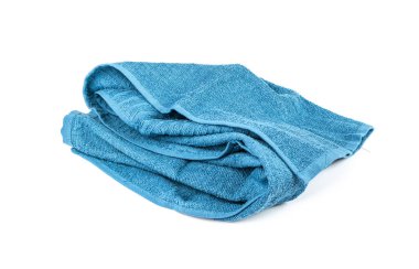 Folded Blue Towel Isolated. New Terry Cotton Towel, Soft Washcloth on White Background