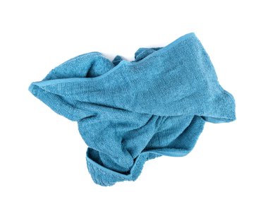Crumpled Blue Towel Isolated. New Terry Cotton Towel, Wrinkled Soft Washcloth on White Background Top View