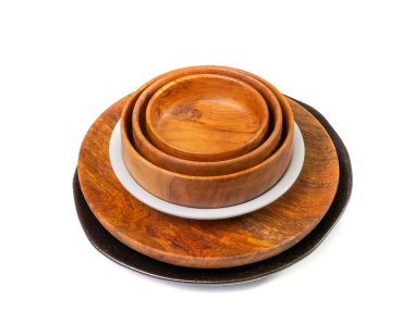 Bowl Stack Isolated, Stacked Dishes, Various Bowls Pile, Wooden and Ceramic Tableware on White Background