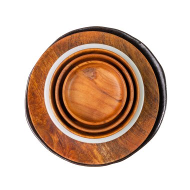 Bowl Stack Isolated, Stacked Dishes, Various Bowls Pile, Wooden and Ceramic Tableware on White Background Top View