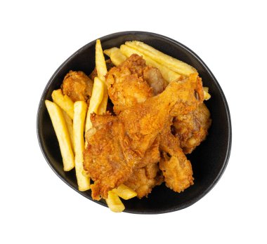Chicken Legs Portion Isolated, Fry Breaded Drumstick, Deep Fried Chicken Drumsticks with French Fries in Black Bowl on White Background Top View