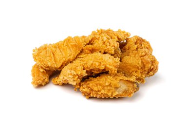 Chicken Strips Isolated, Breaded Nuggets, Crispy Fry Chicken Meat, American Deep Fried Crunchy Fillet Pieces on White Background