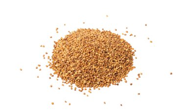 Raw Buckwheat Pile Isolated, Dry Buck Wheat Grains, Russian Kasha Heap, Uncooked Buckwheat Cut Out on White Background Top View