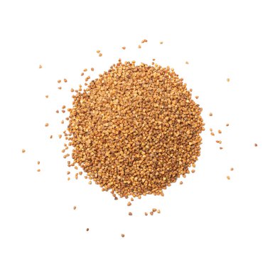 Raw Buckwheat Pile Isolated, Dry Buck Wheat Grains, Russian Kasha Heap, Uncooked Buckwheat Cut Out on White Background Top View