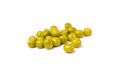 Canned Green Peas Isolated, Sweet Pea Pile, Cooked Legume, Protein Source, Healthy Vegan Food, Green Peas on White Background