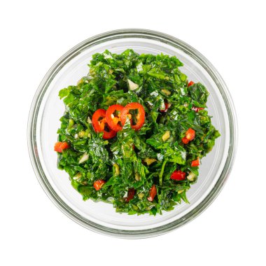 Chimichurri Sauce Isolated, Argentinian Steak Dip, Green Chimichuri with Herbs, Chopped Parsley, Garlic, Olive Oil, Chimichurri Sauce on White Background