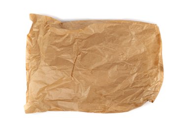 Old paper bag isolated. Crumpled disposable ecology container, wrinkled paperbag, kraft paper bag on white background top view
