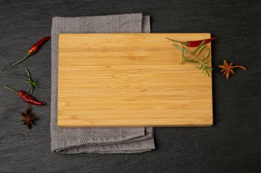 Old Wood Cutting Board Mockup, Vintage Chopping Board Background, Rustic Napkin, Empty Cut Desk, Cutting Board with Spices, Copy Space Top View