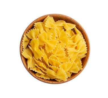Raw Farfalle Pasta Isolated, Yellow Dry Butterfly Noodles, Wheat Bow Macaroni, Uncooked Farfalle in Wooden Bowl on White Background Top View