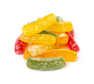Gummy Candy Pile Isolated, Chewing Colorful Marmalade Sticks, Jelly French Fries Heap, Gelatin Candies on White Background Side View