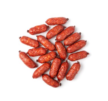 Mini Sausages Isolated, Dry Smoked Salami Sticks, Small Kielbasa, Cabanossi, Kabanos, Dry Embutido, Mini Chorizo, Bratwurst Sausage on White Background Top View
