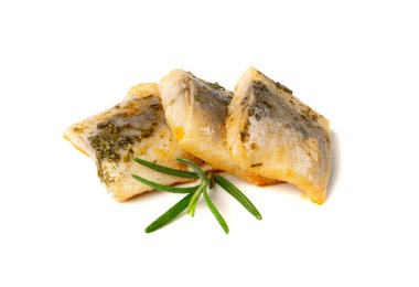 Salted Herring Fillet Pieces Isolated, Raw Pickled Fish Meat with Herbs and Spices, Marinated Herring on White Background