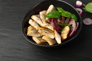 Salted Herring Fillet Isolated, Raw Pickled Fish Meat with Herbs and Spices, Marinated Herring on White Background