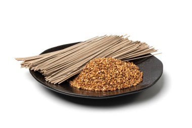 Dry Soba Isolated, Raw Buckwheat Noodles, Uncooked Buck Wheat Pasta, Gluten-Free Soba Spaghetti on White Background