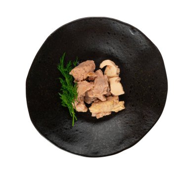 Cod Liver Closeup, Fish Fat Omega-3 Food, Macro Detailed Healthy Seafood Meal, Cod Liver on Black Plate Background