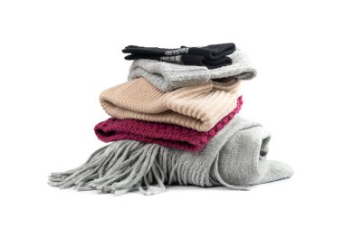 Winter Hats Isolated, Knitted Winter Clothes, Woolen Hat Pile, Sports Cap, Knit Beanie on White Background