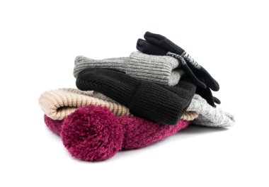 Winter Hats Isolated, Knitted Winter Clothes, Woolen Hat Pile, Sports Cap, Knit Beanie on White Background
