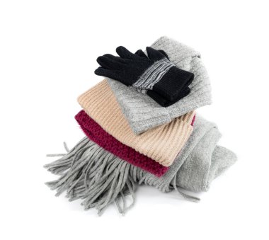 Winter Hats Isolated, Knitted Winter Clothes, Woolen Hat Pile, Sports Cap, Knit Beanie on White Background