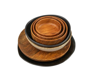 Empty Wood Bowls and Plates Isolated, Wooden Bowl, Black Plate Mockup on White Background Top View, Rustic Kitchen Mock Up with Copy Space, Clipping Path