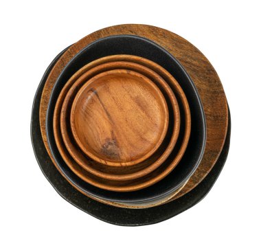 Empty Wood Bowls and Plates Isolated, Wooden Bowl, Black Plate Mockup on White Background Top View, Rustic Kitchen Mock Up with Copy Space