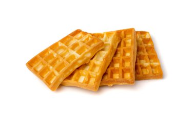 Belgian Waffle Isolated, Square Waffled Cookie, Soft Golden Belgium Waffles, Wafer Biscuit Breakfast on White Background Top View