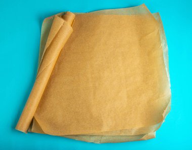 Brown Baking Paper, Kraft Cooking Paper Sheet Texture Background, Bakery Parchment Blue Mockup, Greaseproof Baking Paper Top View