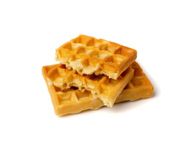 Broken Belgian Waffle Isolated, Square Waffled Cookie, Soft Golden Belgium Waffles Bites, Wafer Biscuit Breakfast on White Background Side View