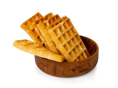 Belgian Waffle Isolated, Square Waffled Cookie in Wood Bowl, Homemade Soft Golden Belgium Waffles, Wafer Biscuit Breakfast on White Background Side View