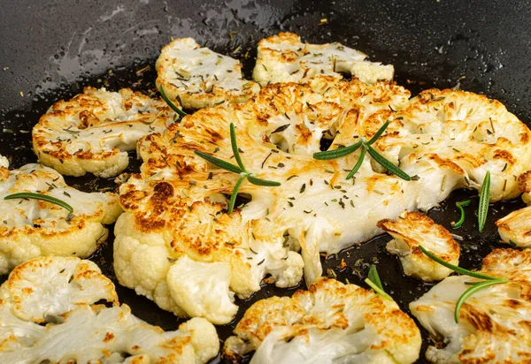 stock image Fried Cauliflower Slices Closeup, Baked Cauliflower Steaks, Roasted Cabbage Steak with Herbs