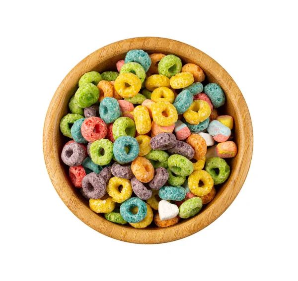 Colorful Breakfast Rings Pile in Bowl Isolated. Fruit Loops, Fruity Cereal Rings, Colorful Corn Cereals on White Background Top View