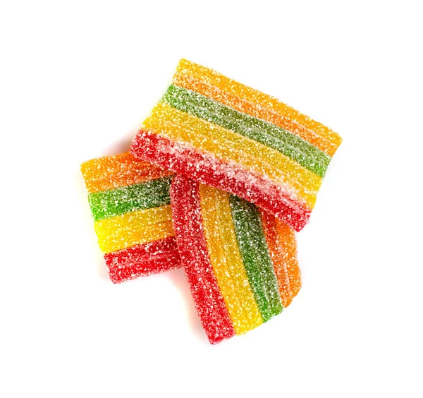 Rainbow Gummy Candy Pile Isolated, Sour Jelly Candies Strips in Sugar Sprinkle, Chewing Colorful Striped Marmalade, Gelatin Candies Set on White Background Top View