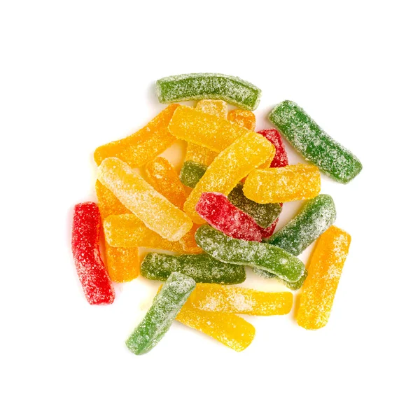 Gummy Candy Pile Isolated, Chewing Colorful Marmalade Sticks, Jelly French Fries Heap, Gelatin Candies on White Background Top View