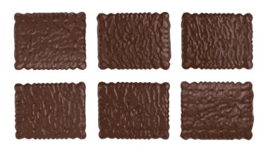 Koyu çikolata kaplı bisküvi, kare kurabiye seti, dikdörtgen kısaekmek, beyaz arka planda gevrek sindirim kurabiyesi, Vector Illustration