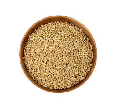 Çiğ Yeşil Karabuğday Yığını Ahşap Kasede, Kuru Tahta Taneler, Rus Kasha Yığını, Pişmemiş Yeşil Karabuğday Kesimi Beyaz Arkaplan Üst Görüş Alanında