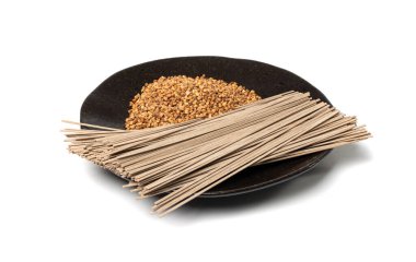 Dry Soba Isolated, Raw Buckwheat Noodles, Uncooked Buck Wheat Pasta, Gluten-Free Soba Spaghetti on White Background