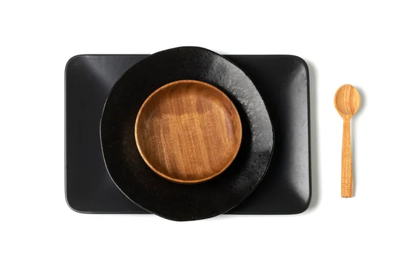 Empty Wood Bowls Plates Isolated Wooden Bowl Black Plate Mockup — Foto de Stock
