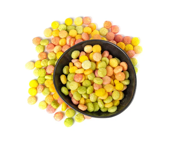 Colorful Breakfast Bolls Pile Isolated, Fruity Cereal Ball, Round Colorful Corn Cereals Collection on White Background Top View