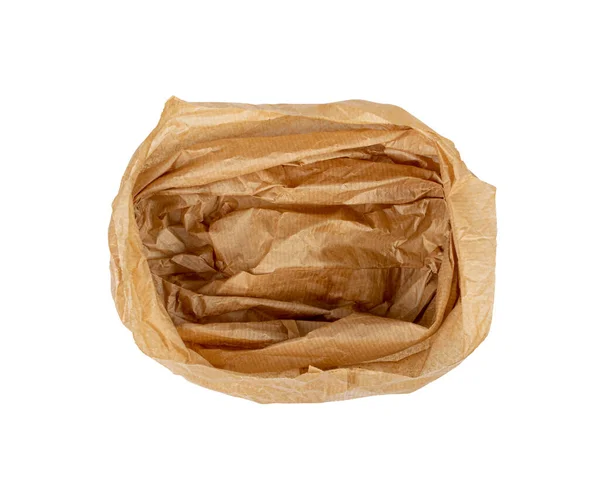 古い紙袋を隔離し 使い捨てのエコロジーコンテナ しわのある紙袋 白い背景のクラフト紙袋トップビュー クリッピングパス — ストック写真