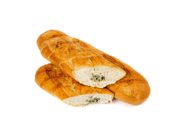 带有大蒜黄油和芳香植物的面包 白色背景的大蒜面包 顶级食品摄影 — 图库照片