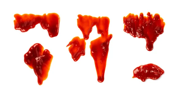 Set Gotas Ketchup Aisladas Salpicadura Salsa Tomate Mancha Catsup Derrame —  Fotos de Stock