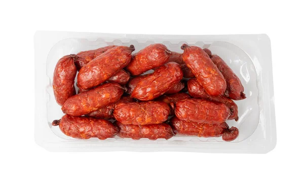 Mini Sausages Isolated Dry Smoked Salami Sticks Small Kielbasa Cabanossi — Stock Photo, Image
