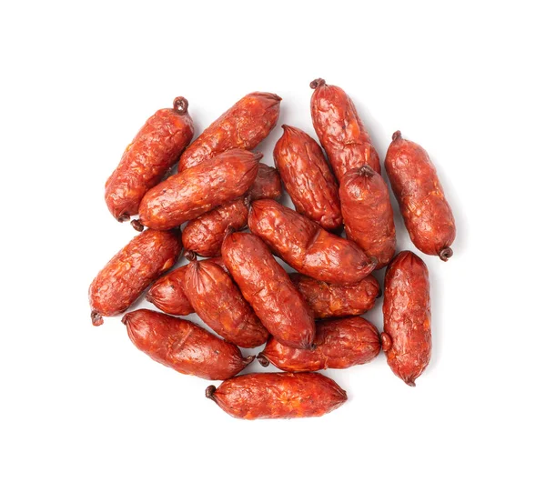 Mini Sausages Isolated Dry Smoked Salami Sticks Small Kielbasa Cabanossi — 스톡 사진